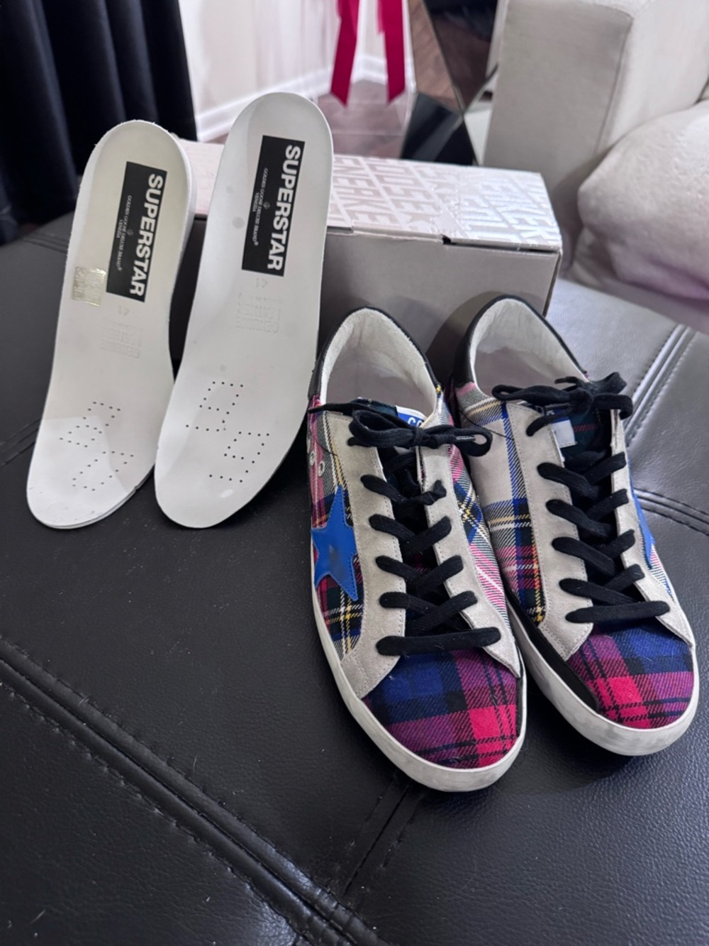 Golden Goose Plaid Superstar Sneakers with Blue Star and Red Accents